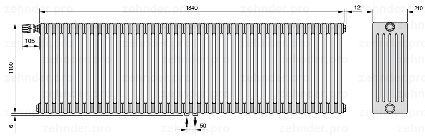 Схема (чертеж) Радиатор Zehnder Charleston 6110/40 №V007 Белый глянцевый RAL 9016